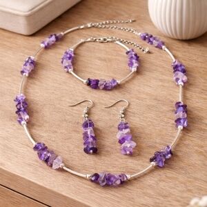 Handmade Amethyst Necklace Bracelet and Earrings Set - New Item